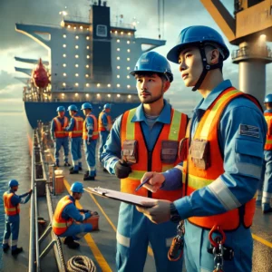 Maritime industry a group of men in safety vests standing on a deck of a ship